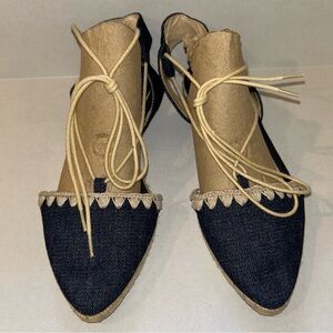 Nine West Unah Almond Toe Denim Ankle Wrap Slide Flats Summer Sandals Size 6.5